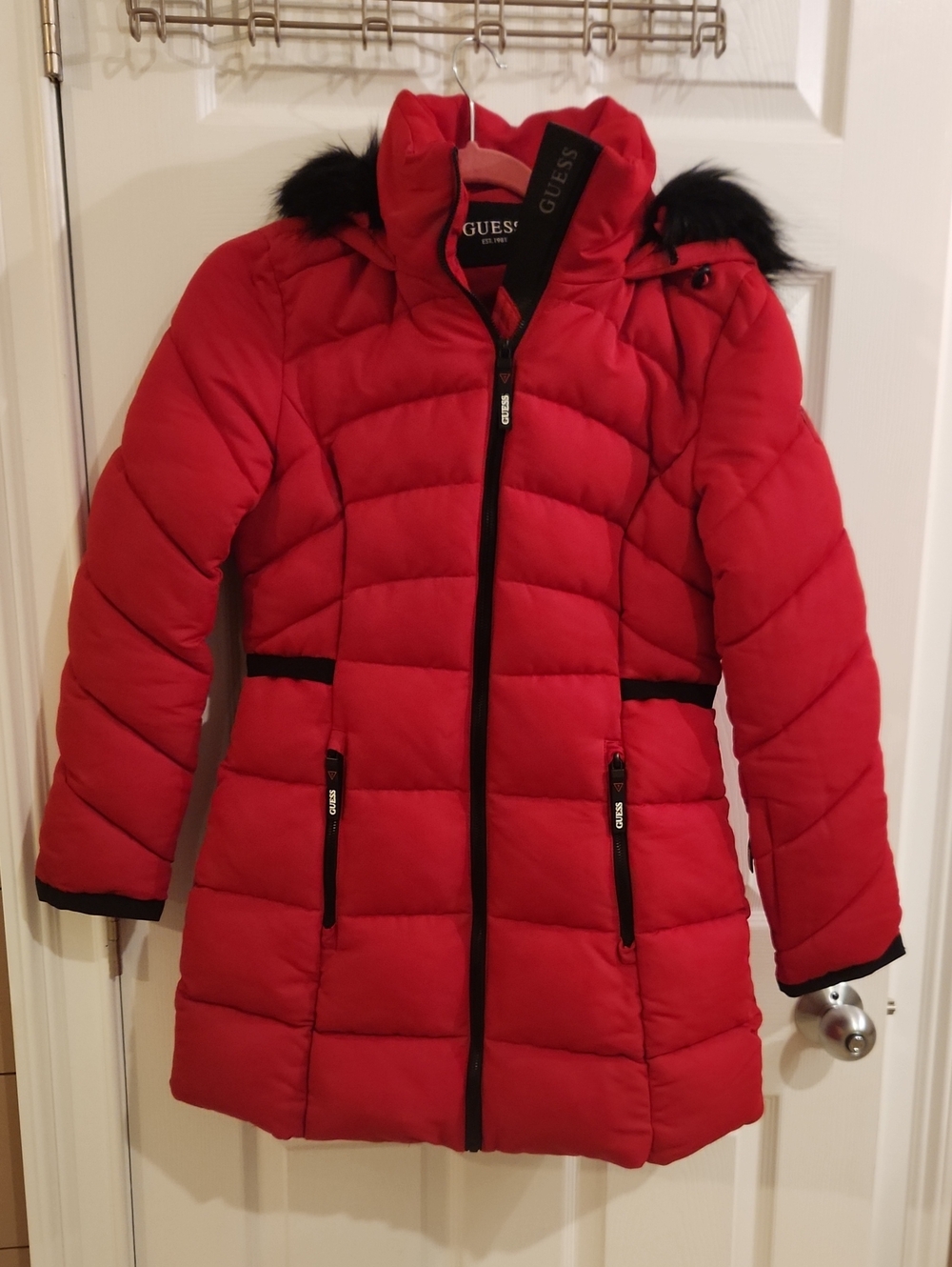 GUESS Red Quilted Hooded Puffer Coat with  Removable Black Faux Fur Trim